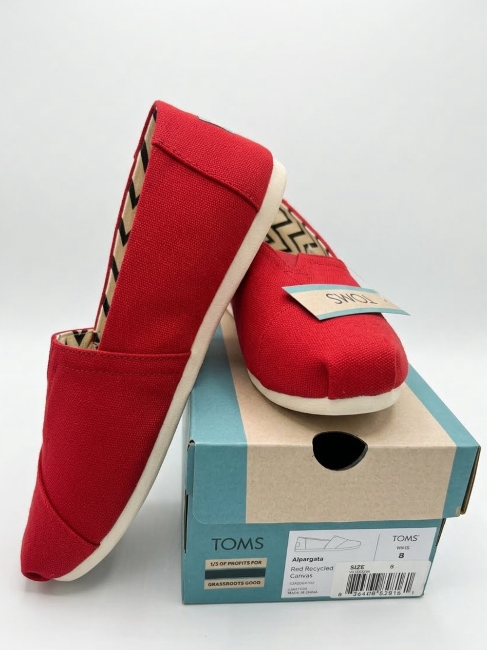 NWT TOMS Alpargata Red Recycled Canvas Slip On Flats Womens 8